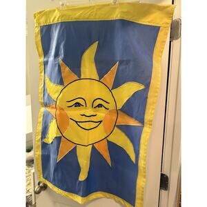 Vintage Smiling Sun Garden Flag Yellow & Blue Appliqué 27x32”